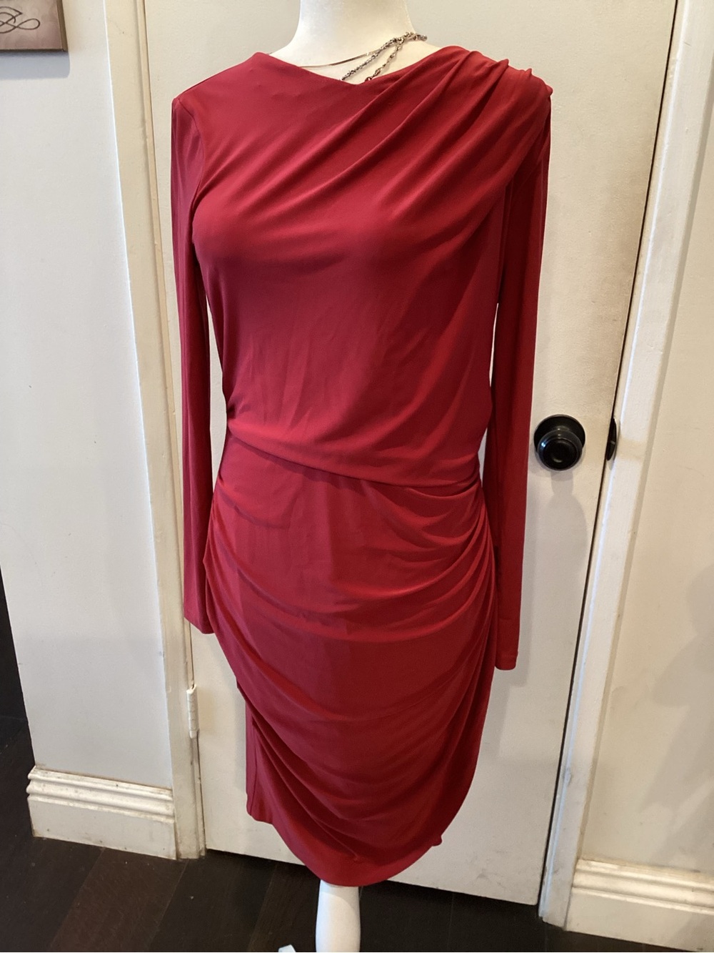 White House Black Market Red Draped Long-Sleeve Midi Dress
